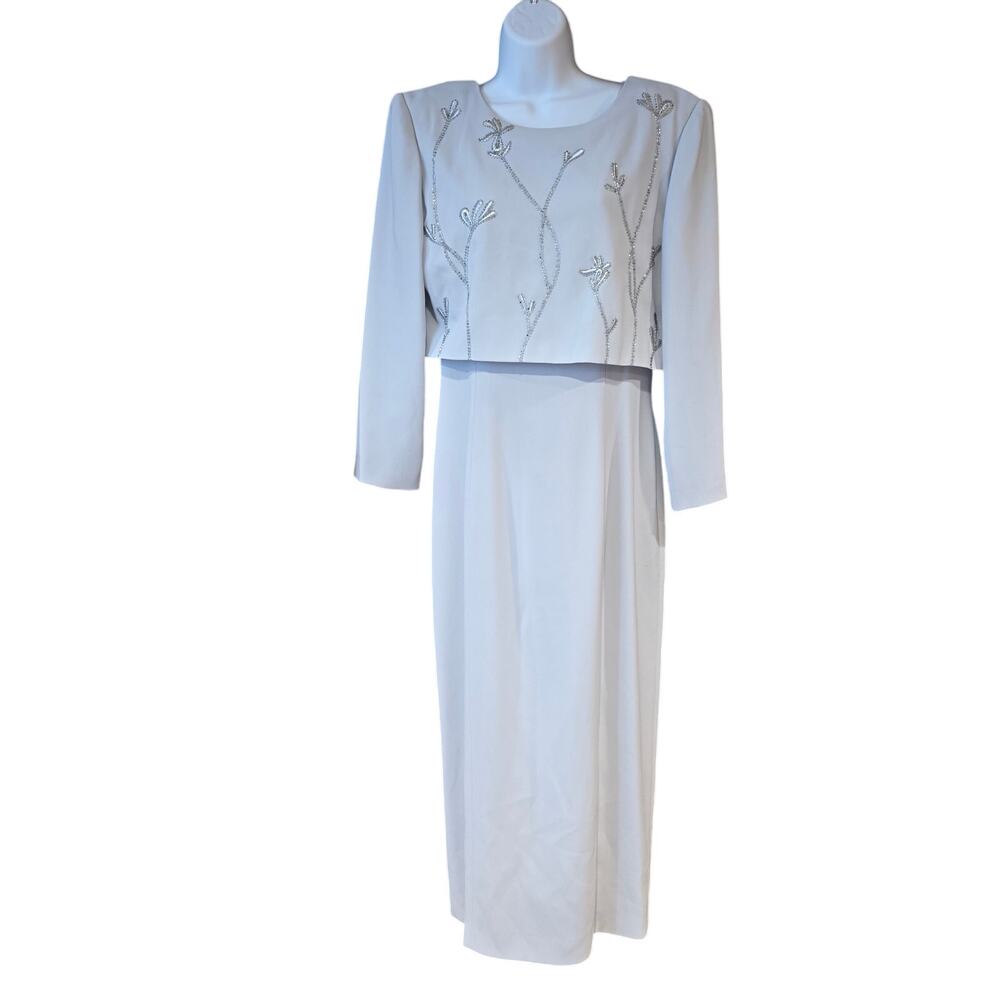 EUC Rimini by Shaw, gray dress and cardigan set w/embroidered flowers sz 10‎